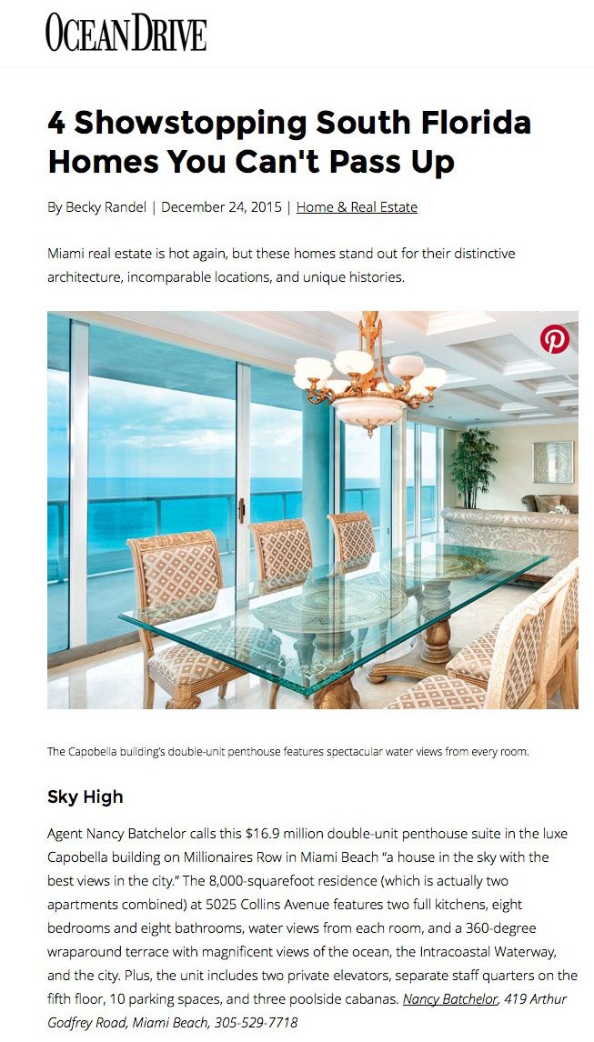 Capobella Penthouse Featured in Ocean Drive Magazine