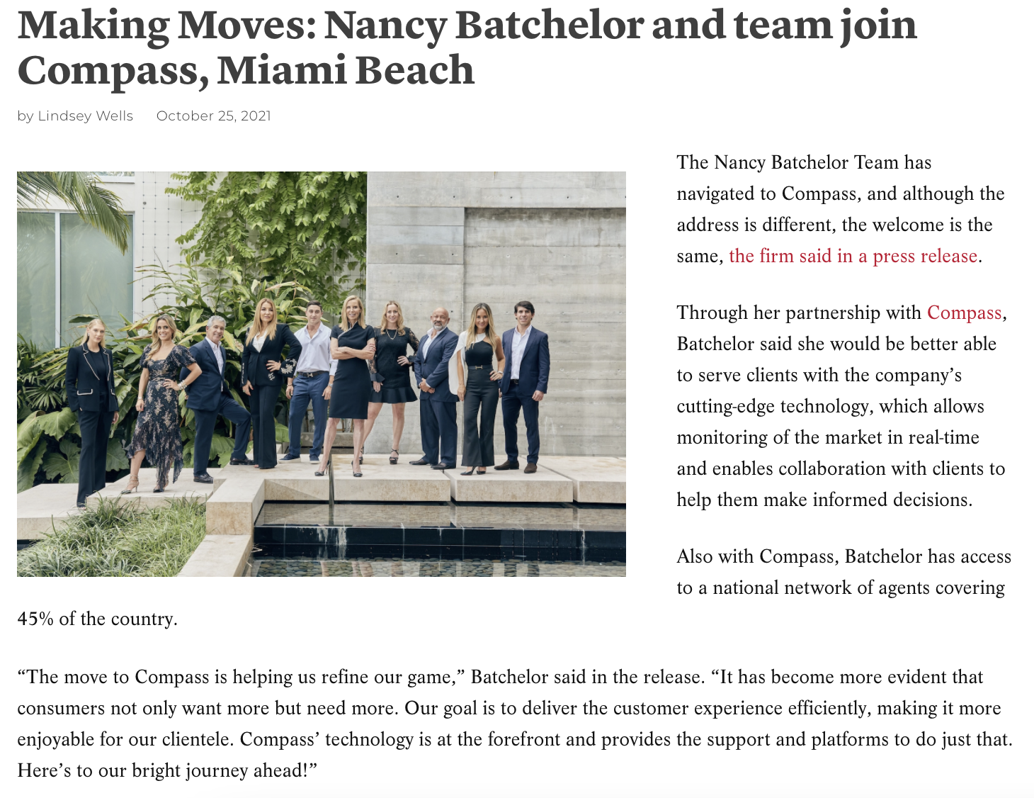 Making Moves: Nancy Batchelor and team join Compass, Miami Beach
