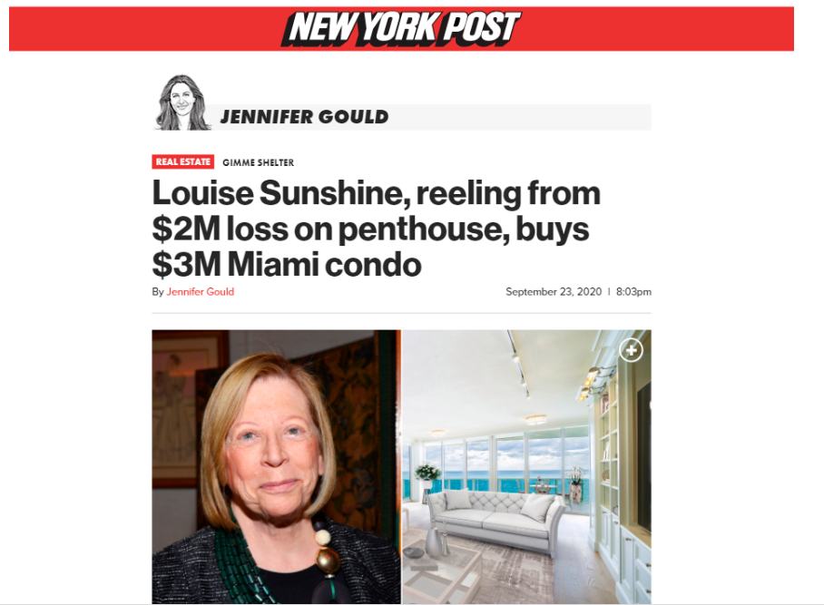 LOUISE SUNSHINE, REELING FROM $2M LOSS ON PENTHOUSE, BUYS $3M MIAMI CONDO