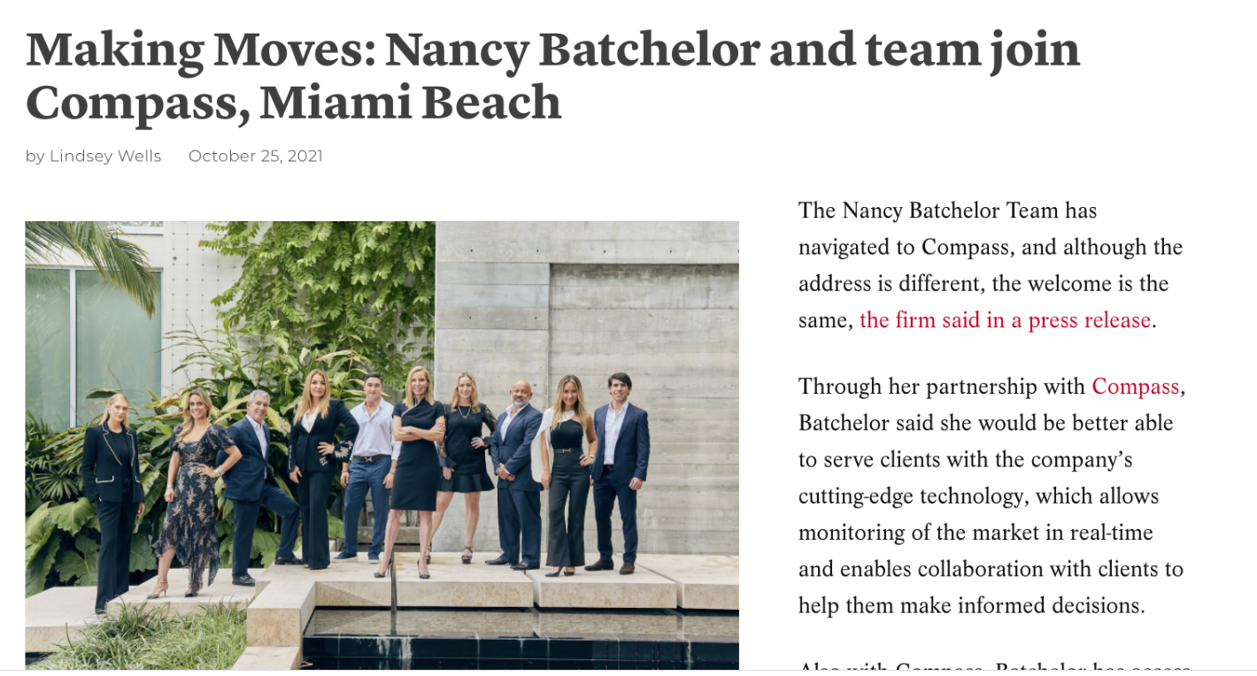 MAKING MOVES: NANCY BATCHELOR AND TEAM JOIN COMPASS, MIAMI BEACH